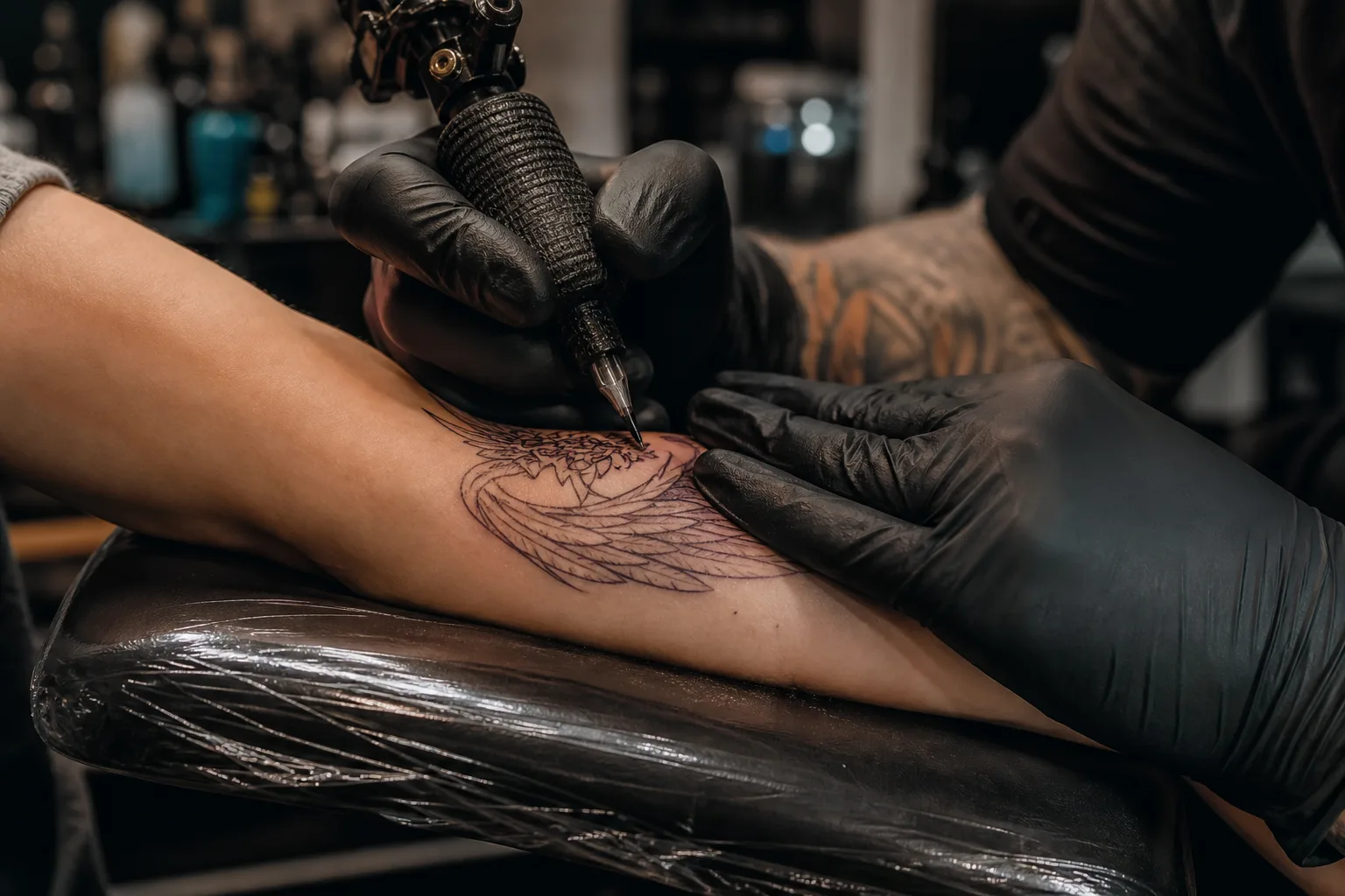 Tattoo artist working on a client forearm in a professional studio