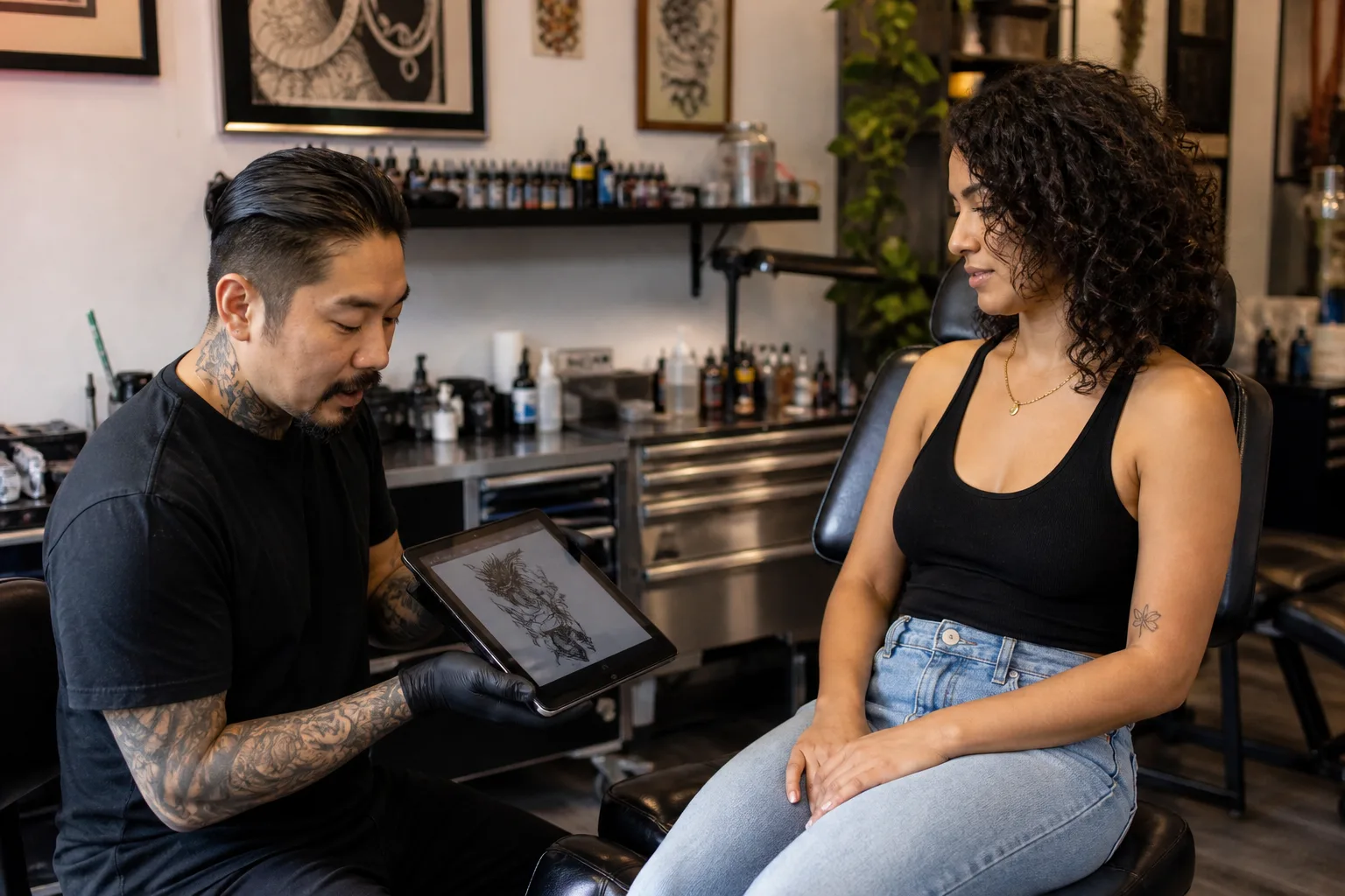 Tattoo artist reviewing a design reference with a client during consultation