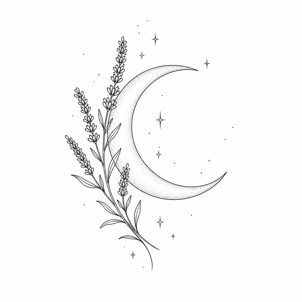 Fine-line crescent moon tattoo with lavender and stars