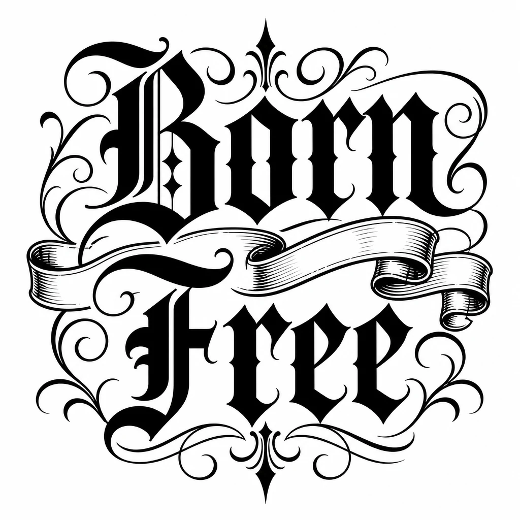 Born Free in ornate Old English blackletter tattoo lettering