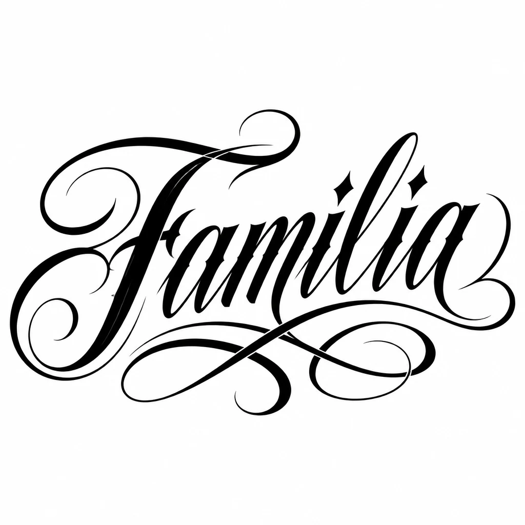 Familia in flowing Chicano tattoo lettering with West Coast calligraphy