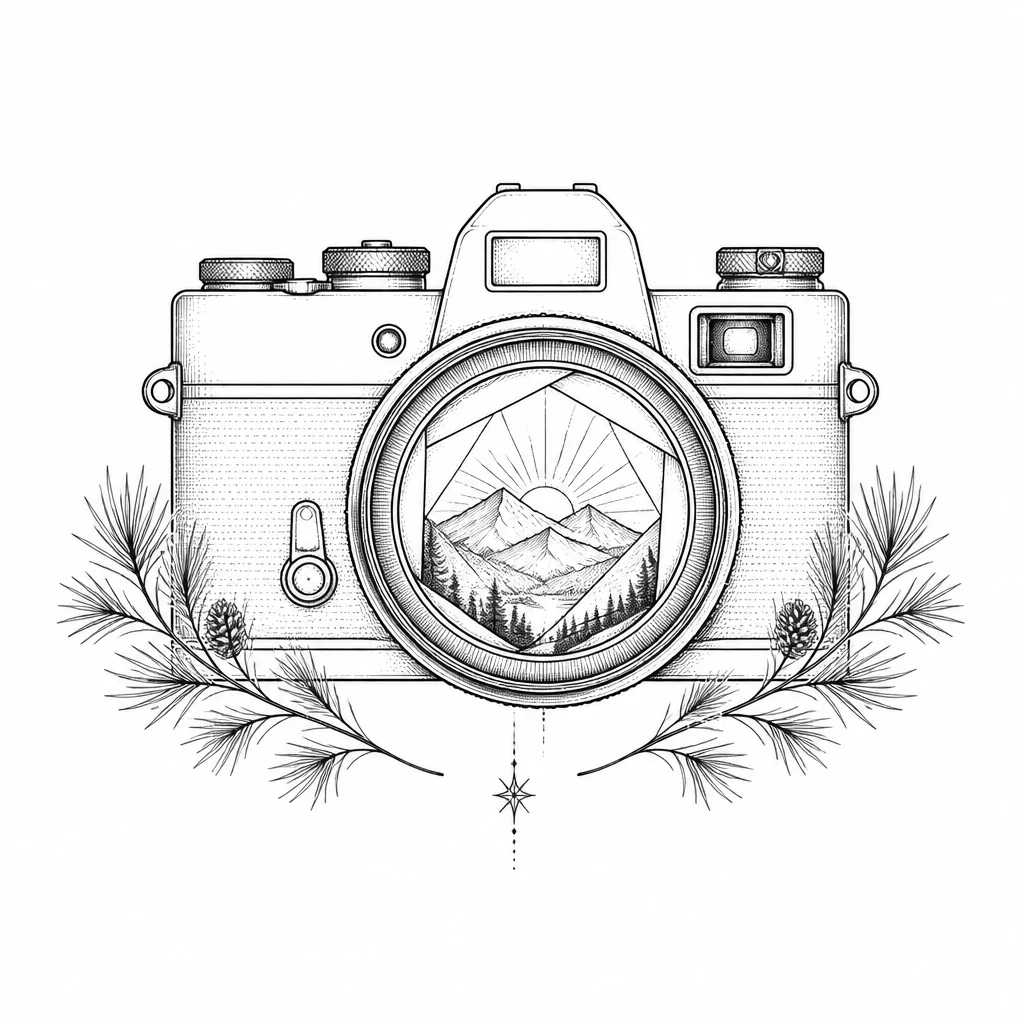 Personalized fine-line camera tattoo concept with mountain sunrise symbolism