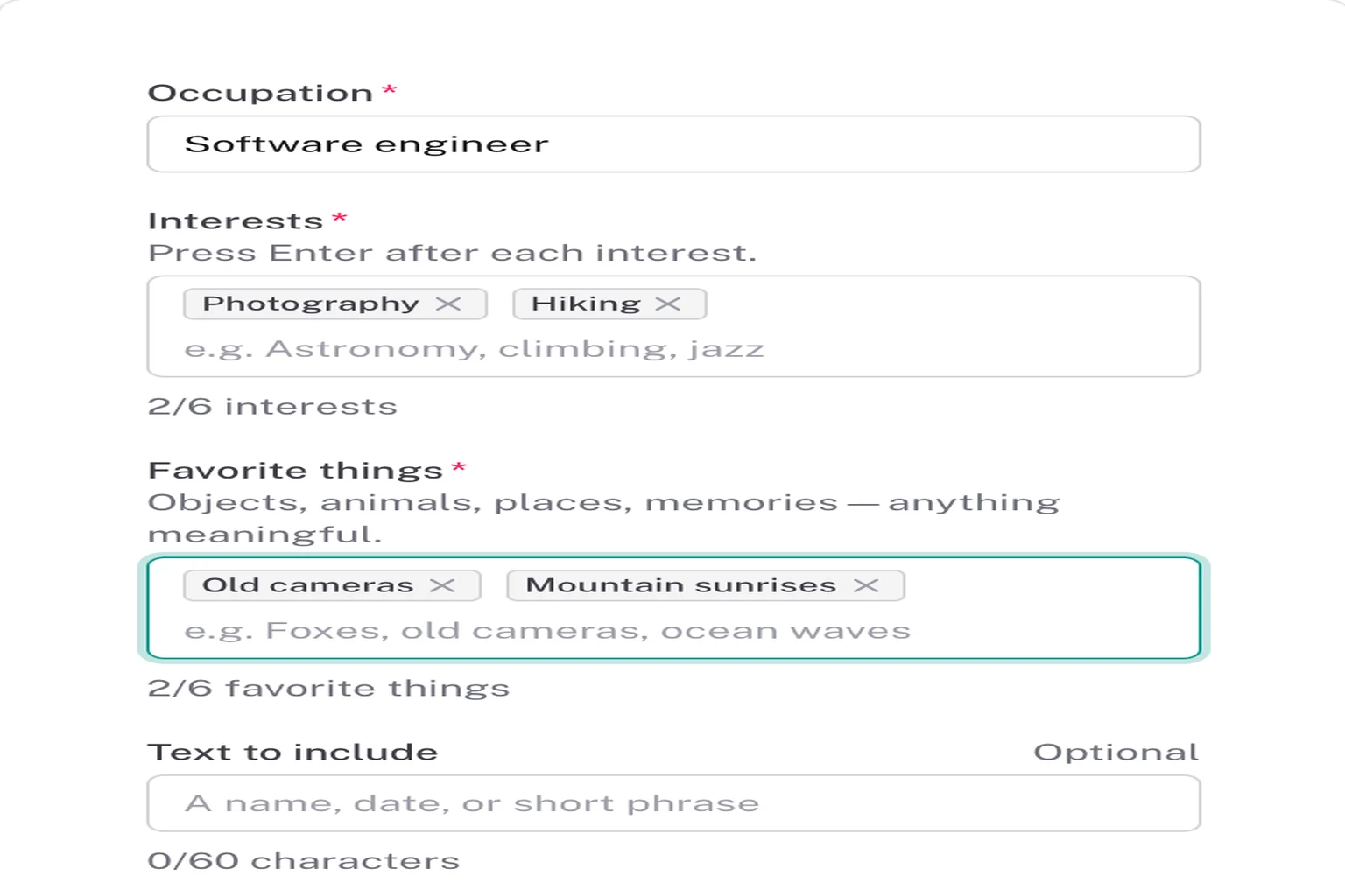 AI tattoo idea generator form with occupation, interests, and style fields