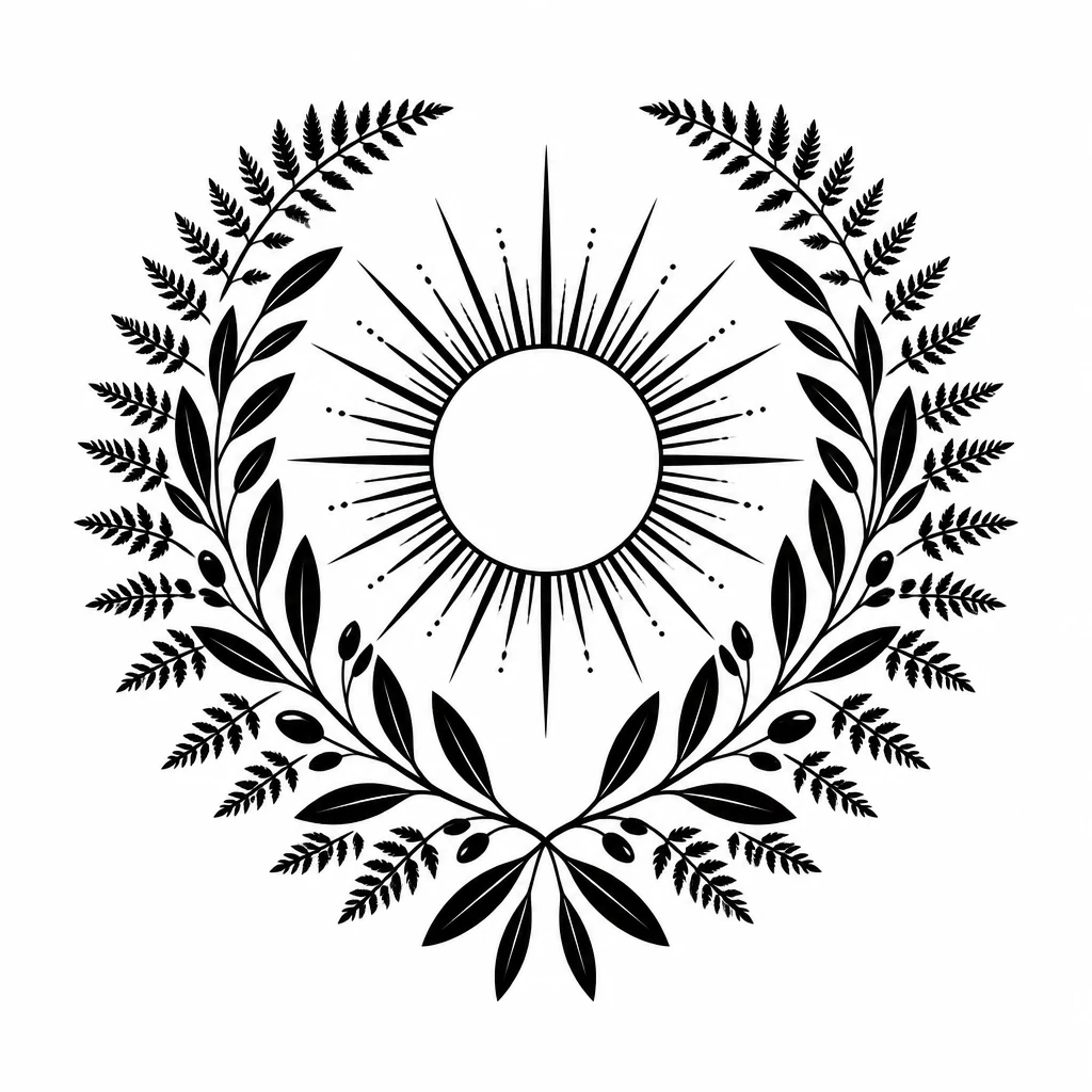Blackwork sun and fern wreath tattoo with bold botanical shapes