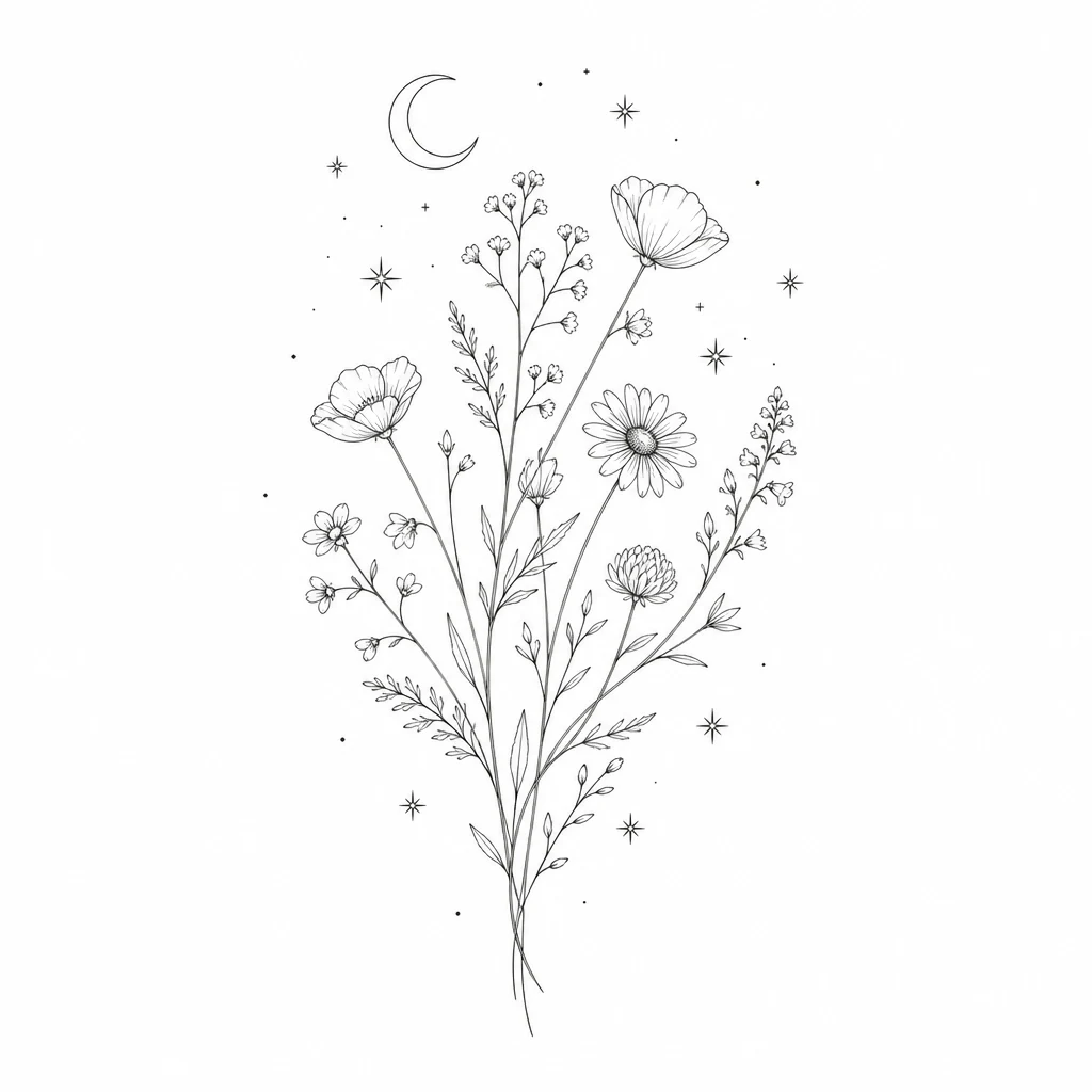 Fine-line wildflower tattoo with a crescent moon and tiny stars