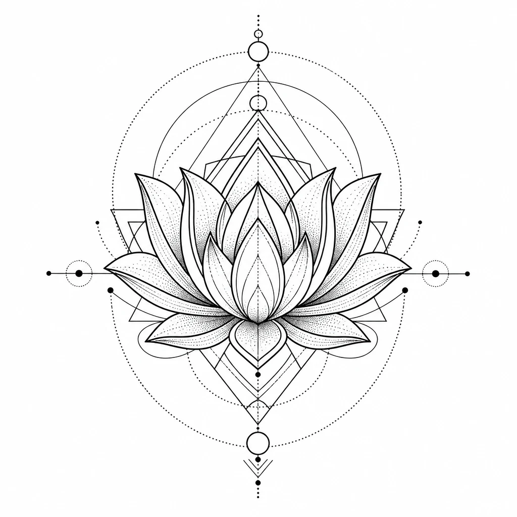 Symmetrical geometric lotus tattoo with layered polygon patterns