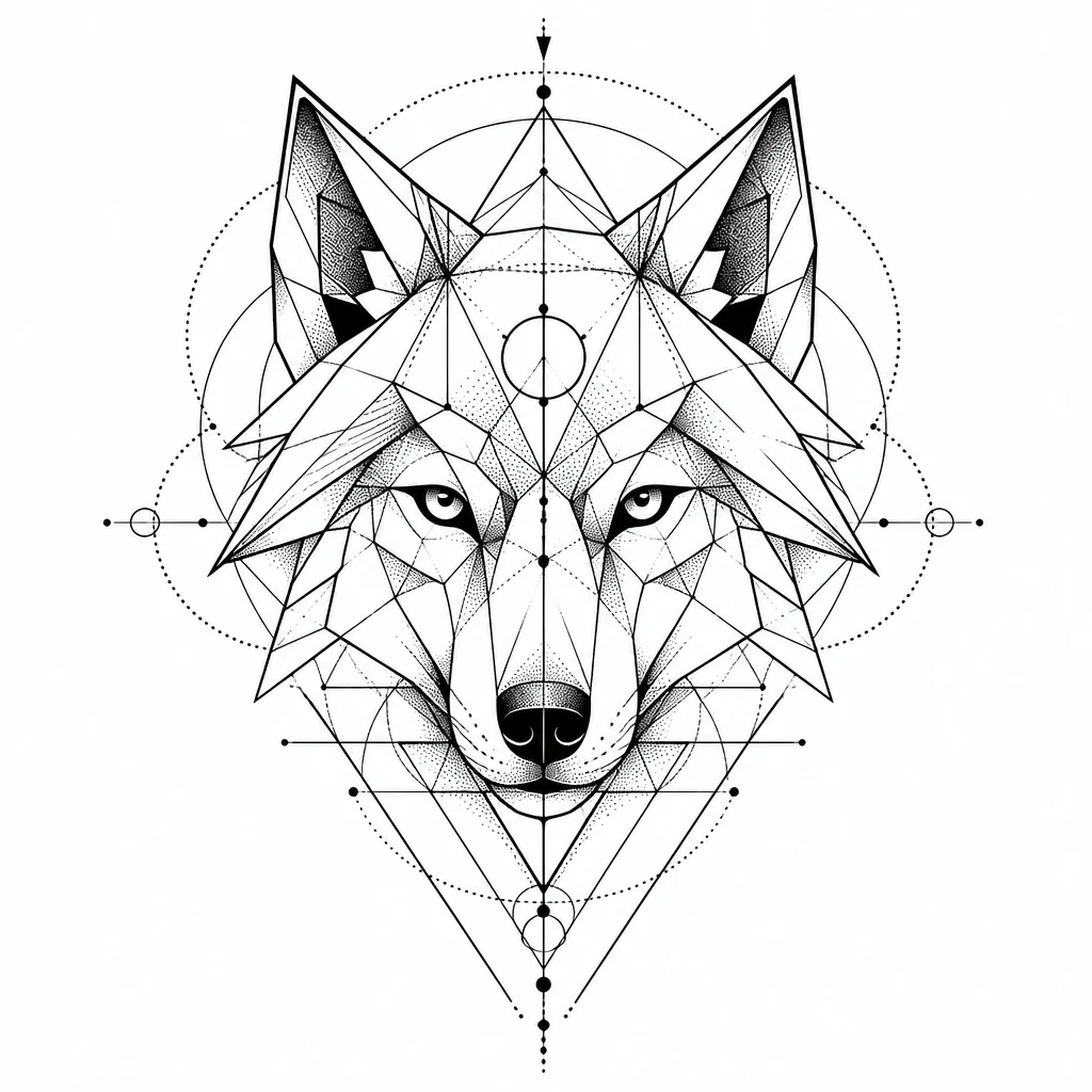 Geometric wolf tattoo constructed from circles and precise triangles