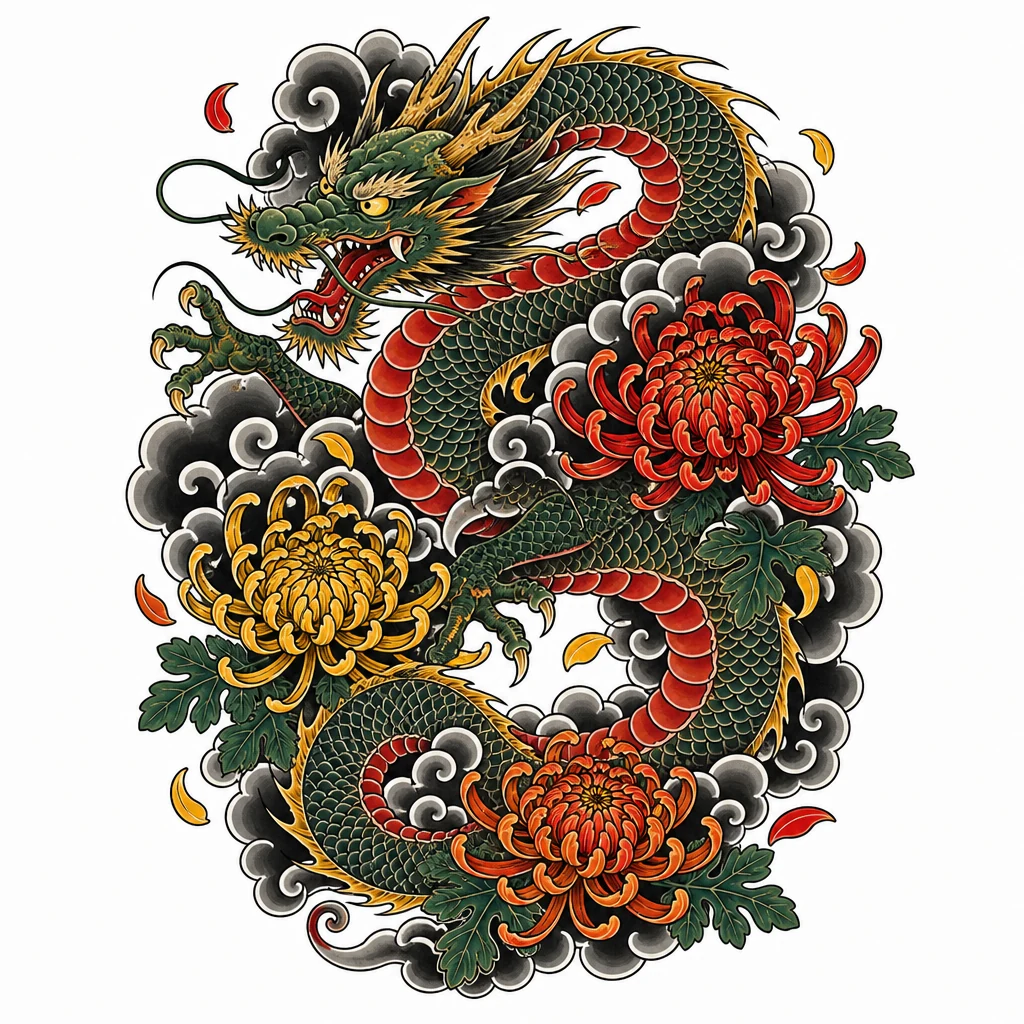 Japanese tattoo linework detail from a converted photo reference