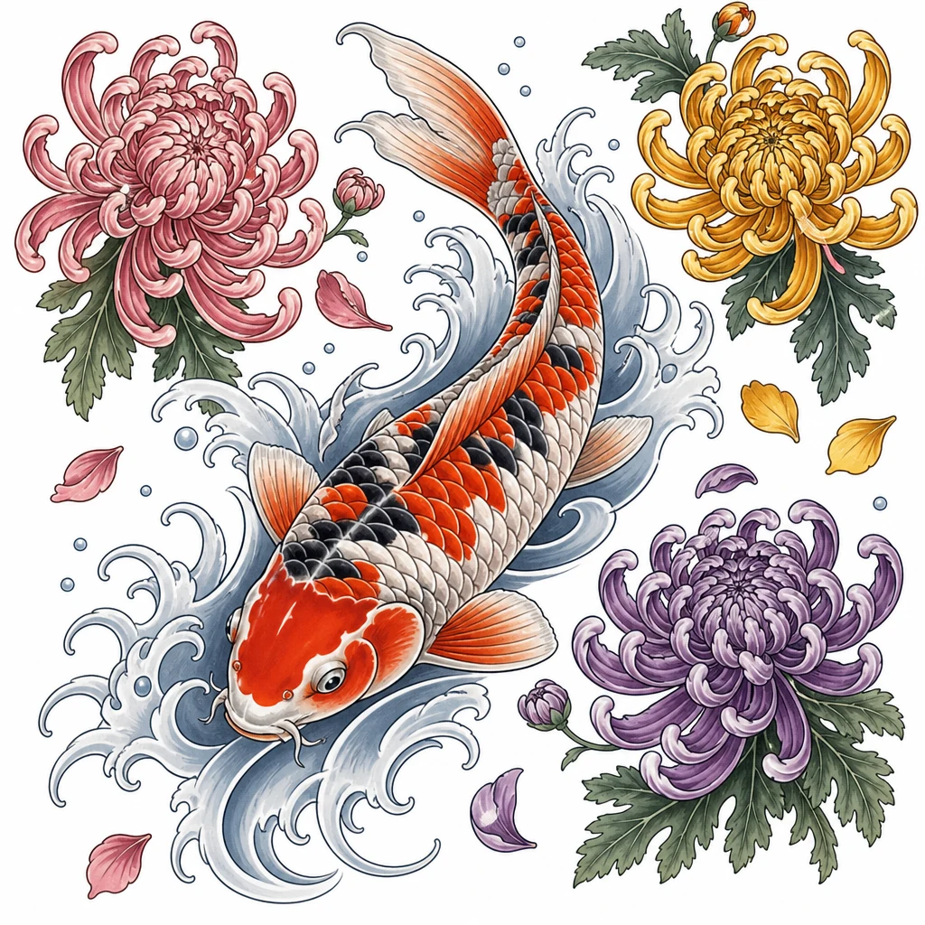 Japanese koi tattoo with chrysanthemum petals and gentle waves