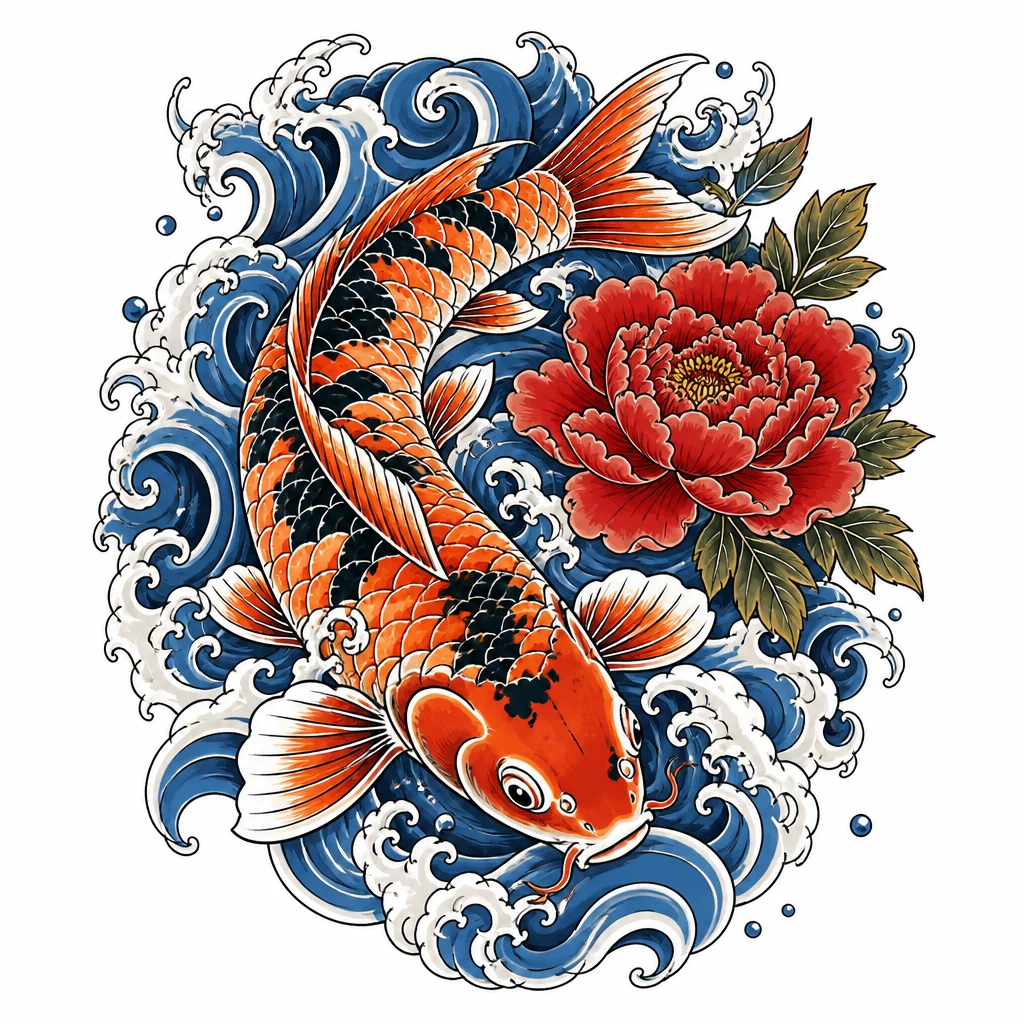 Japanese style koi tattoo with waves and a red peony