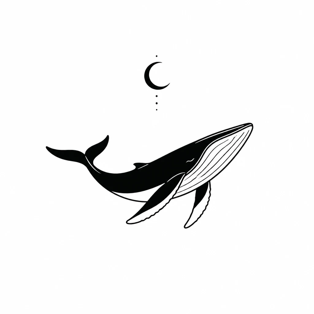Minimalist whale and moon tattoo with a calm geometric silhouette