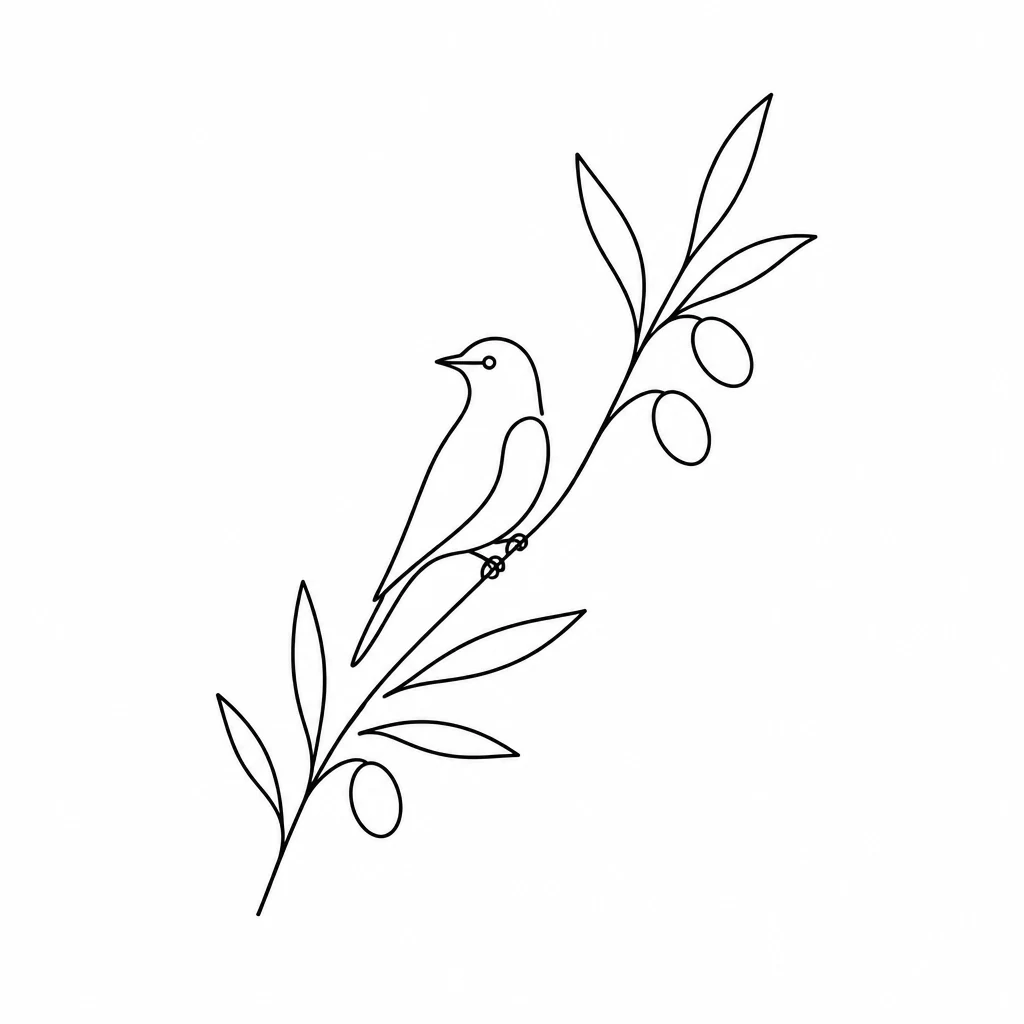 Minimalist olive branch and bird tattoo using essential black lines