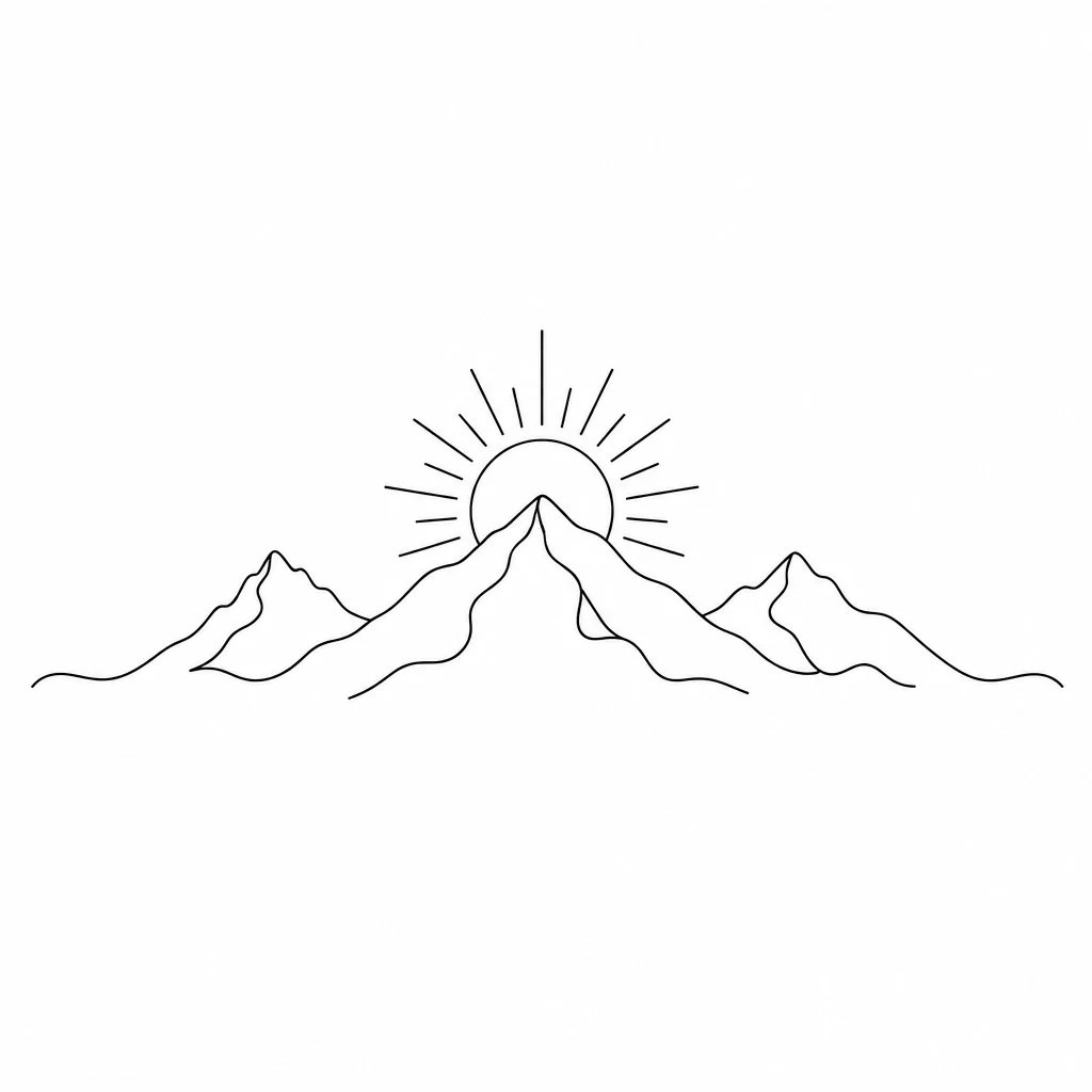 Minimalist mountain and sun tattoo drawn with clean single lines
