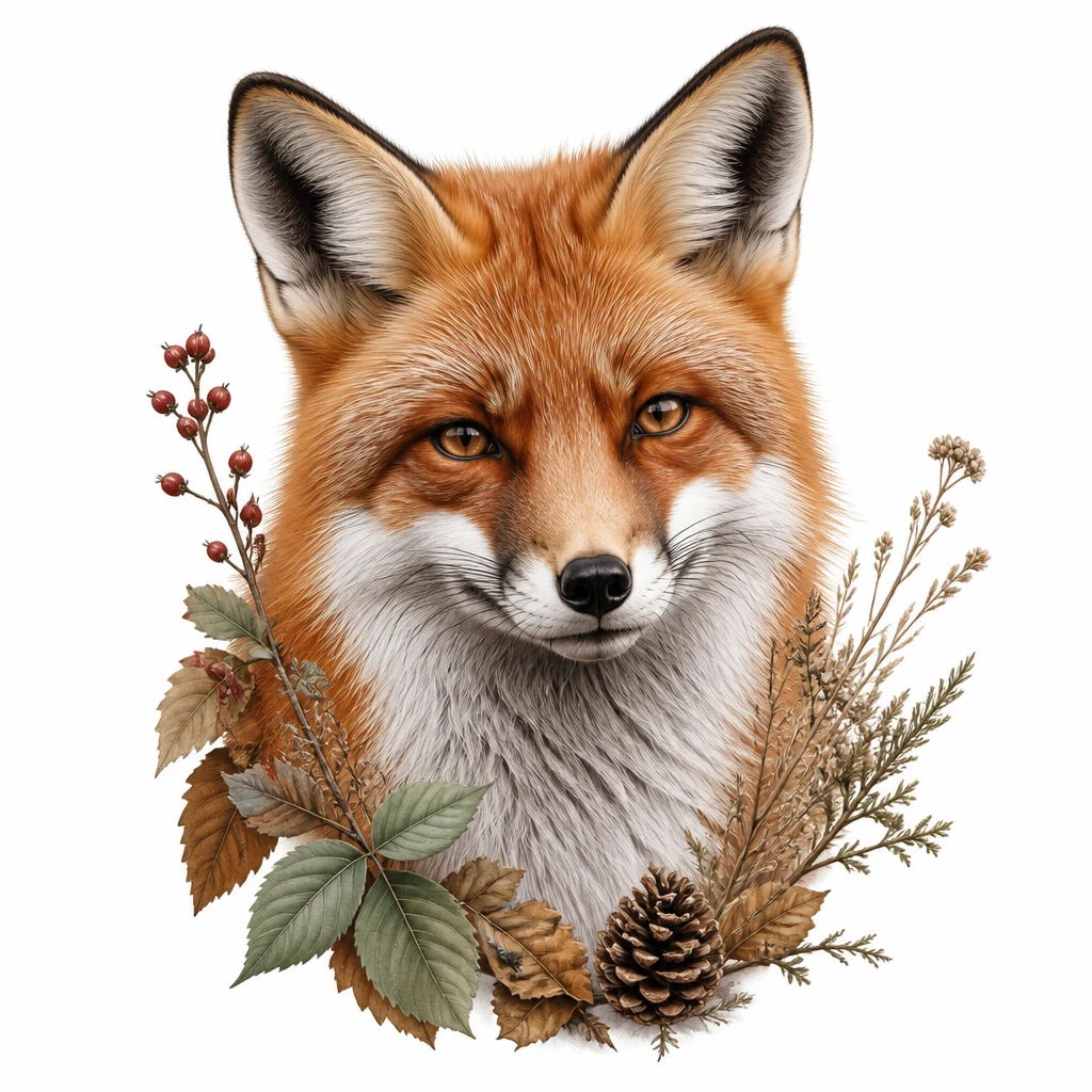 Color realism fox tattoo with natural fur and botanical details