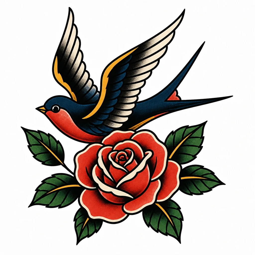 Traditional swallow and rose tattoo flash in a classic limited palette