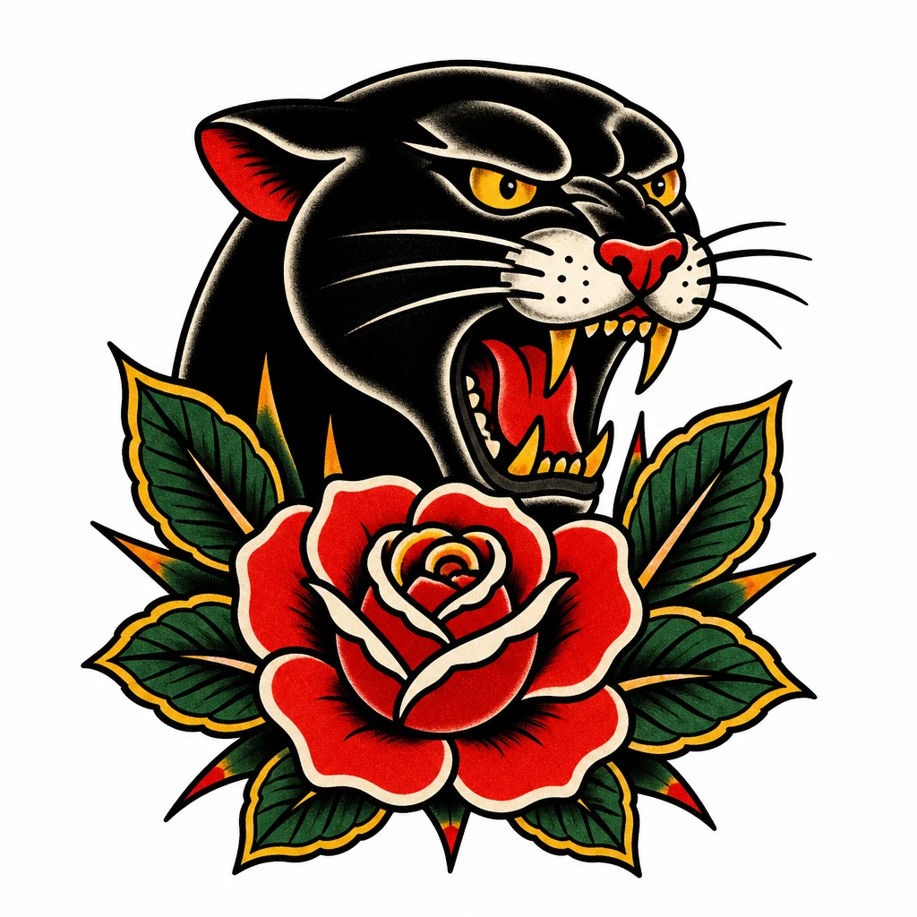 Traditional panther and red rose tattoo flash with bold outlines