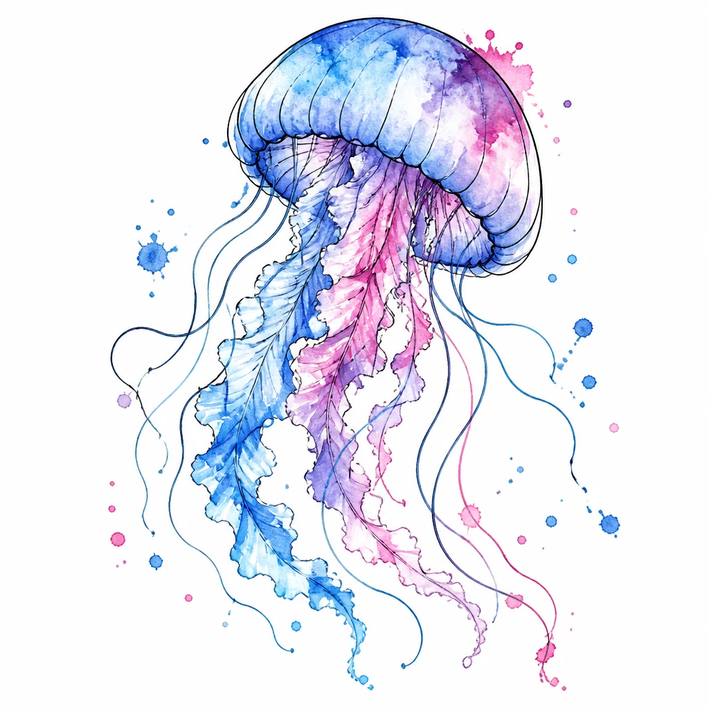 Watercolor jellyfish tattoo with blue washes and soft magenta accents