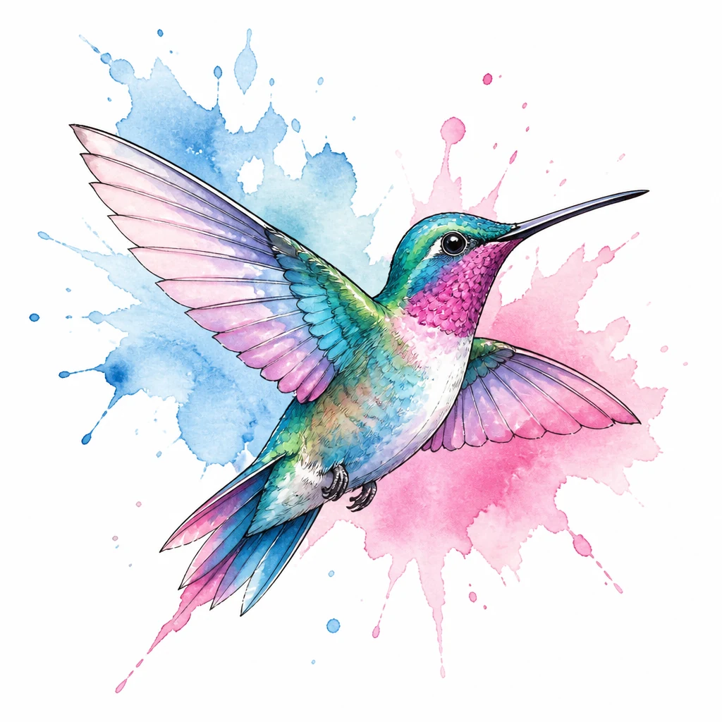 Watercolor hummingbird tattoo with translucent blue and pink splashes
