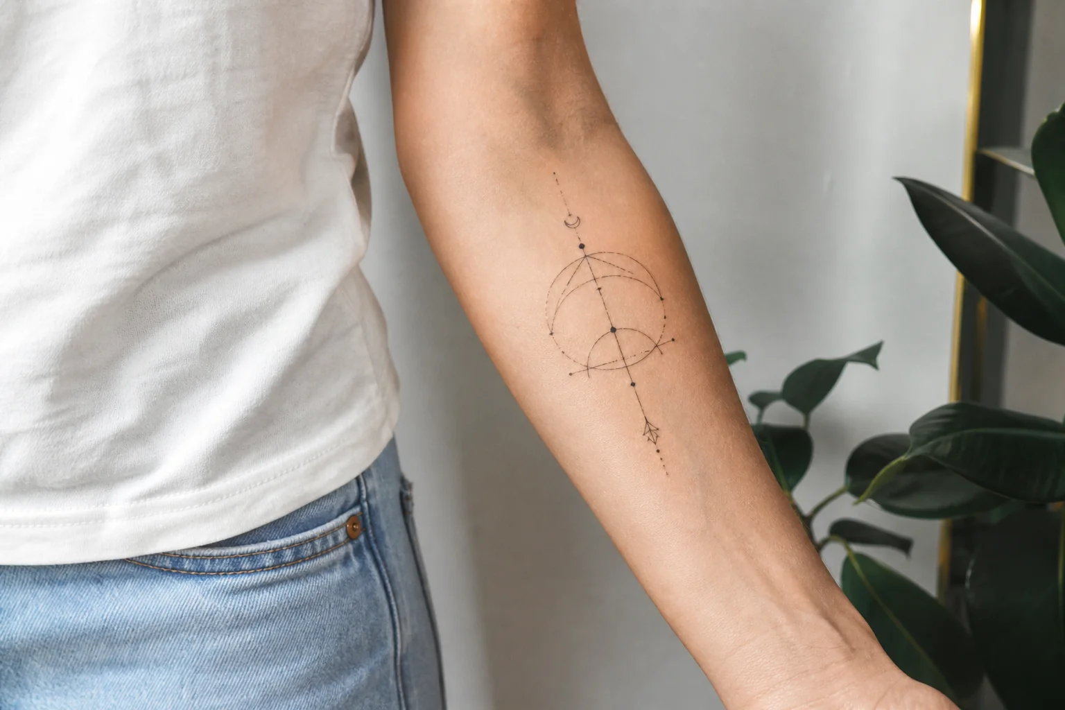 Fine line AI tattoo try-on preview on forearm showing realistic skin placement