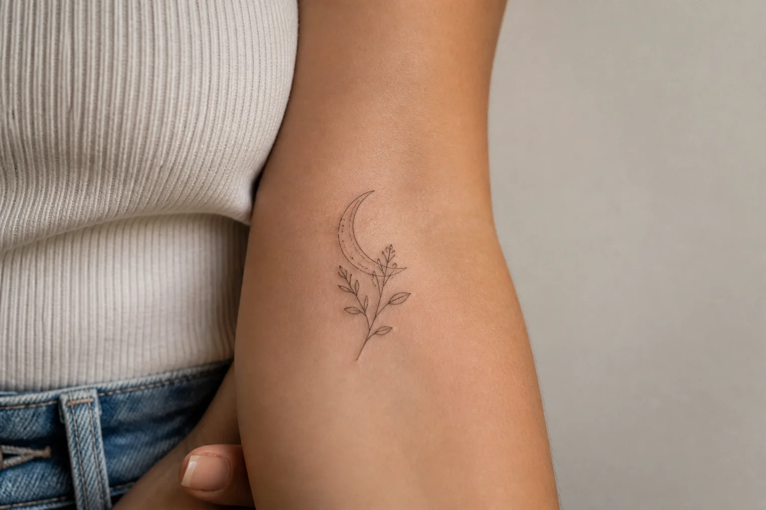 Fine line realism tattoo on forearm showing how shading reads at body scale