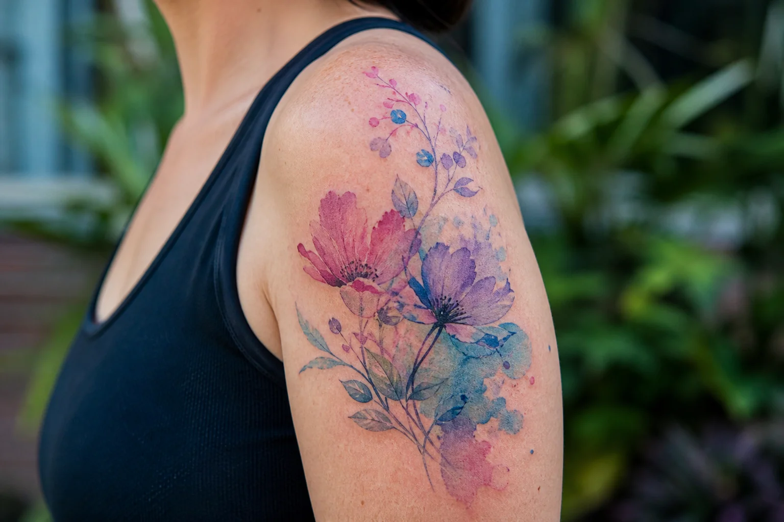 Watercolor floral tattoo on shoulder showing soft edges for cover-up planning